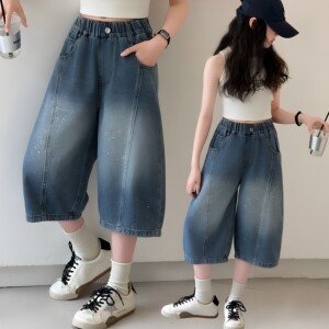 
Girls summer thin denim wide-leg shorts 2026 new medium and large children's style loose casual three-quarter pants