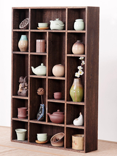 無垢材 ティーカップラック - 日本風ディスプレイシェルフ