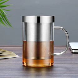Heat-Resistant Tea-Water Separation Glass Cup with Stainless Steel Tea Strainer, Office Water Cup, Flower Tea Cup, Large Capacity with Lid and Handle