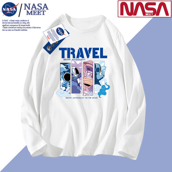 
NASA MEET trendy brand pure cotton long-sleeved T-shirt men's autumn trendy loose sweatshirt solid color versatile inner base shirt