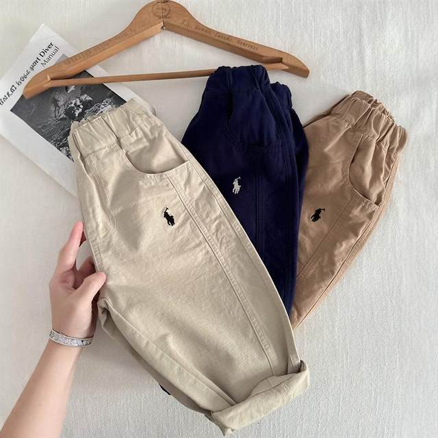 2025 spring new children's pants for boys and girls solid color embroidered carrot pants baby elastic waist trendy casual pants