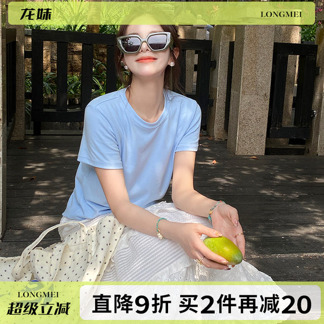 Blue round neck short-sleeved T-shirt for women in 2025 summer new high-end style with loose large-size front-shoulder half-sleeved top