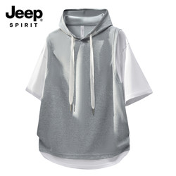 Jeep Fake Two-Piece Short-Sleeved Hoodie Men's Summer Loose Pullover Five-Quarter Sleeve T-Shirt Waffle Casual Top