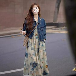 Early Spring Outfit: a Set of Denim Jacket and Tank Dress Two-Piece Suit, Plus-Size New Chinese Style Sleeveless Dress for Women