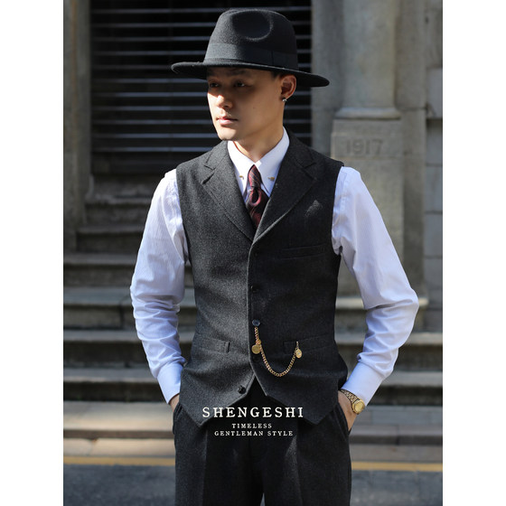 
British retro bloody gangster Shelby suit collar vest wool tweed slim and yuppie lapel vest
