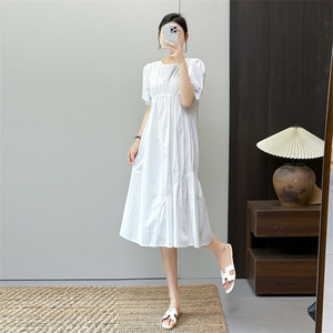 
Huiyige summer cotton short-sleeved dress waist-hugging mid-length skirt Korean style sweet age-reducing high-waisted long skirt