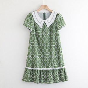 
Huiyi Pavilion summer women's short-sleeved dress doll collar mid-length skirt loose casual sweet heavy industry embroidered dress