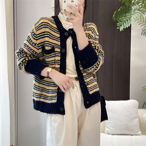 
Huiyige spring women's long-sleeved knitted cardigan striped sweater loose casual thick woolen sweater sweater jacket
