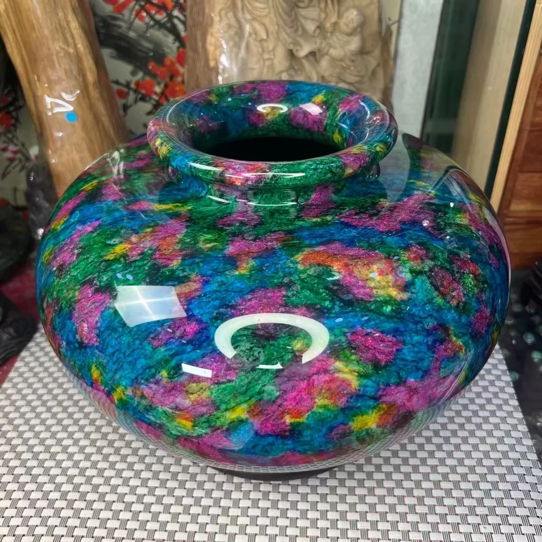 台湾七彩玉石聚宝盆摆件商务送礼客厅居家七彩玉花瓶室内家具中式