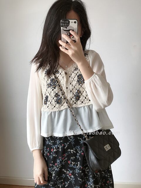 2021 lantern sleeve chiffon stitching female knitted hook flowers hollow cardigan spring and summer embroidered small blouse shawl