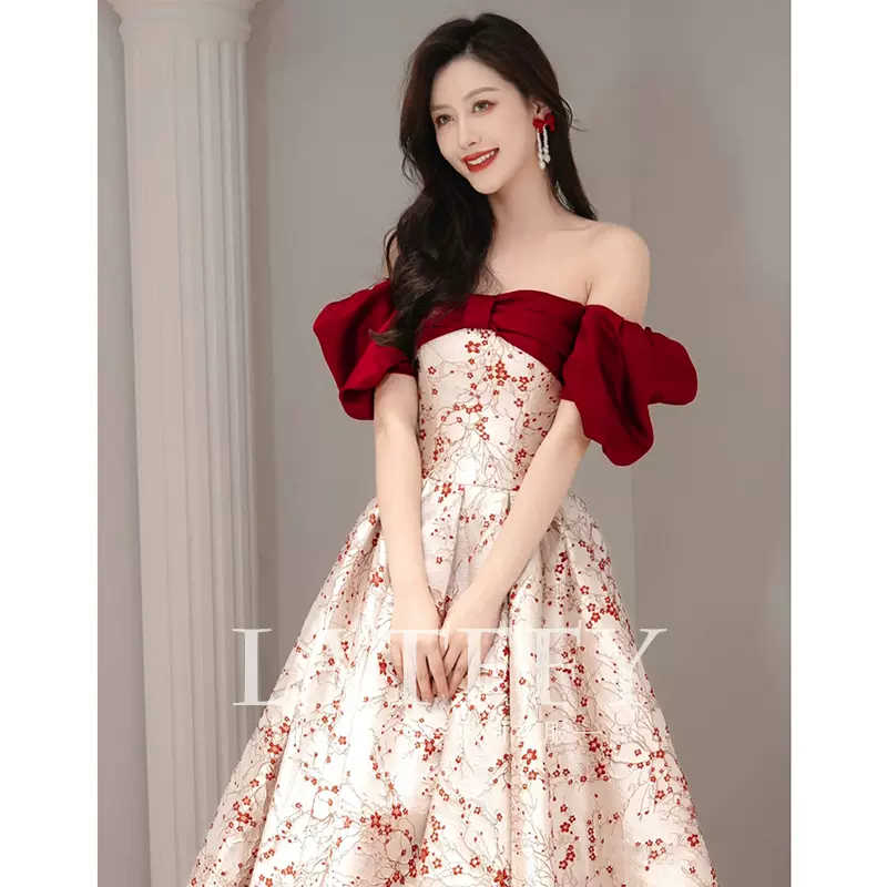 一字肩新娘敬酒服高级感成人礼晚礼服女高端法式缎面订婚宴公主裙-Taobao