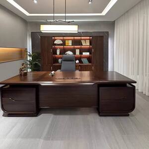 
New Chinese-style solid wood office desk chair combination boss table large table Wujinmu presidential room black walnut furniture customization