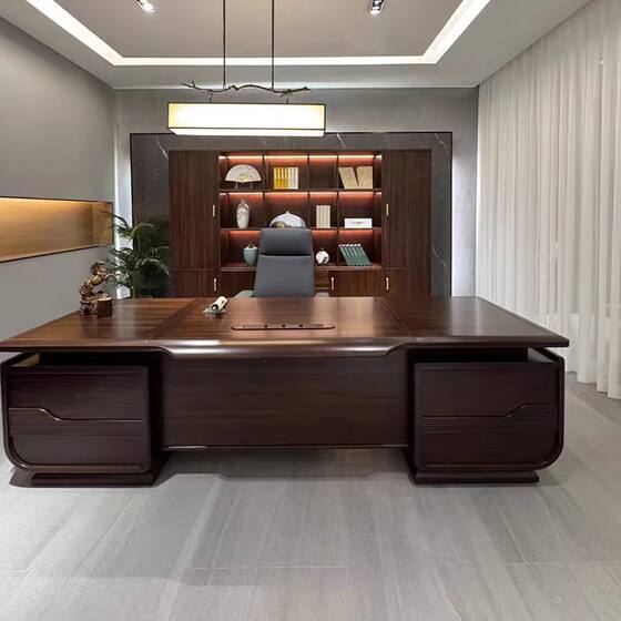 
New Chinese-style solid wood office desk chair combination boss table large table Wujinmu presidential room black walnut furniture customization