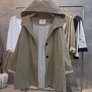 2025 Korean version of casual solid color loose top spring new versatile long sleeve mid-length hooded windbreaker jacket for women