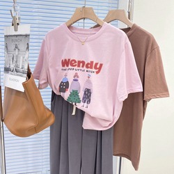 Japonské Retro Tištěné Bavlněné Růžové Tričko S Krátkým Rukávem – Dámský Letní Výklenek Volný, Elegantní Top