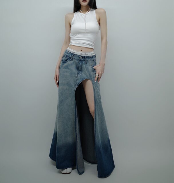 SHUISHUI ​​American street hot girl high slit denim skirt for women with niche wash and old A-line skirt