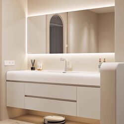 Cream-Colored Skin-Friendly Integrated Basin Bathroom Vanity Cabinet Washbasin Sink Cabinet Combination