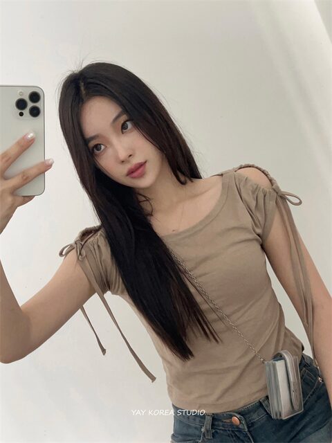 Exclusive type Korean personalized design shoulder hollow strap slim short short sleeve T-shirt