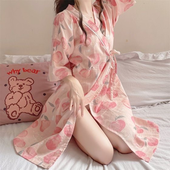 Japanese kimono robe thin skirt strap bathrobe pajama female summer home service summer bathrobe short sleeves
