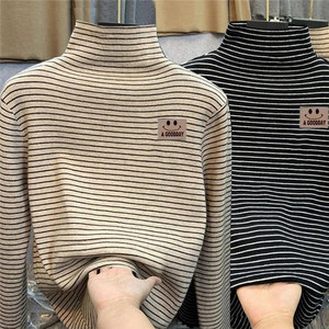 
Boys and girls German velvet inner bottoming shirt autumn and winter large children half turtleneck long-sleeved T-shirt thickened striped top