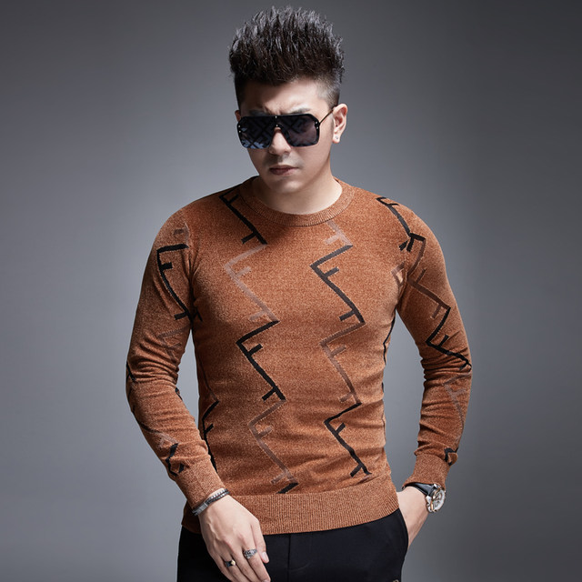 D new letter printed chenille round neck sweater men's trendy slim soft ...