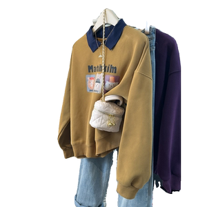 
Spring and Autumn Thin Polo Neck Long Sleeve Sweatshirt for Women Loose Slim and Versatile Korean Style Color Block Design Niche Top