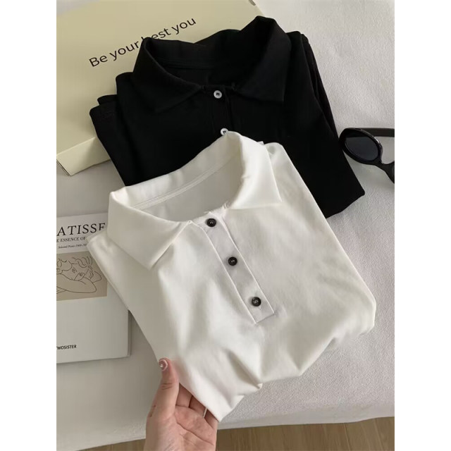 Summer 2025 new lapel POLO shirt short-sleeved T-shirt for women in summer Korean style slim cotton rag-sleeved top trendy