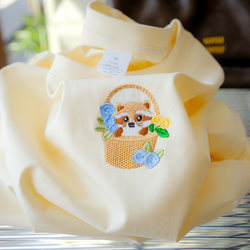 Little Raccoon Embroidery 100% Pure Cotton White Short-Sleeve T-Shirt for Women, 2025 Summer New Trendy Women's Half-Sleeve Men's T-Shirt