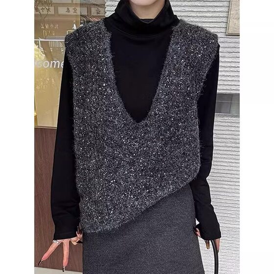 
Korean retro striped large V-neck knitted vest sweater women's 2025 autumn outer layering top