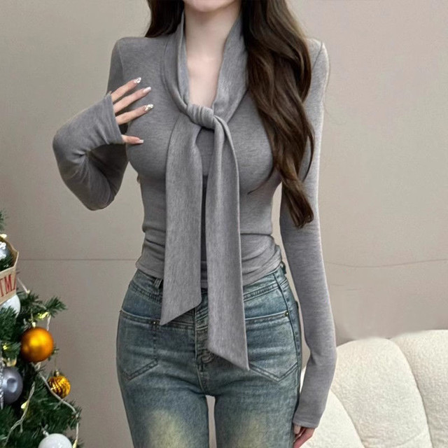 Square Collar German Velvet Apricot Long sleeved T shirt For Women In 
