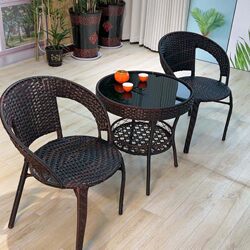 Balcony Small Table and Chair Set, Leisure Courtyard Rattan Chair Three-Piece Set, Indoor Coffee Table, Lounge Chair, Living Room Outdoor Chair with Backrest Combination