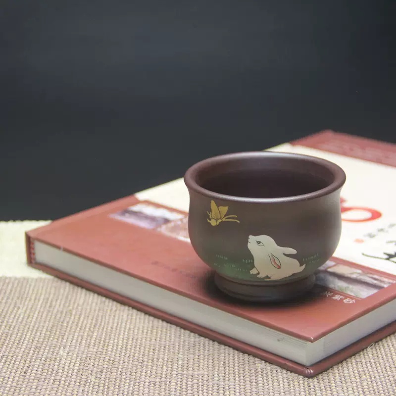 紫砂主人杯手工泥绘兔子紫砂茶杯宜兴紫砂杯原矿紫砂茶碗茶具
