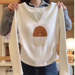 Pure Cotton Slim-Fit Long-Sleeve T-Shirt for Women, Fleece-Lined Inner Layer, Base Layer for Autumn and Winter 2025 Early Spring New Short Top