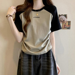 Women's Short-Sleeved T-Shirt with Regular Shoulders, 2026 New Summer Design, Unique Style, Waist-Cinching Drawstring, Slimming Raglan Short Top