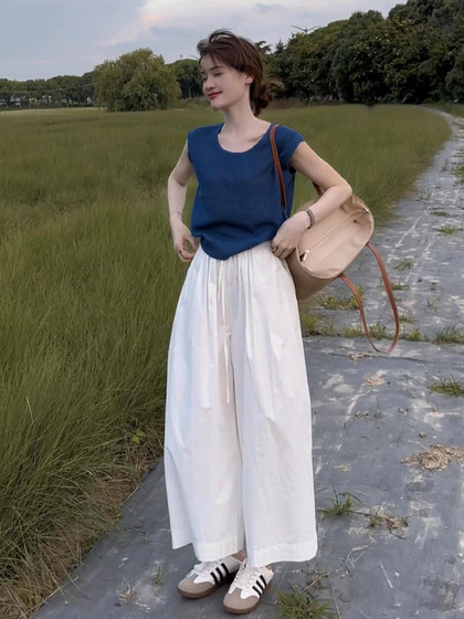 克莱因蓝冰丝针织短袖t恤女夏季2024新款韩系穿搭坎肩上衣两件套