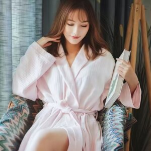 
Spring and summer waffle long-sleeved nightgown thin absorbent quick-drying mid-length hotel bathrobe men and women loose large size