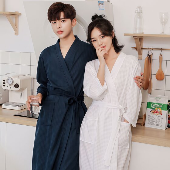 
Spring and summer waffle long-sleeved nightgown thin couple pajamas mid-length hotel bathrobe men and women loose large size