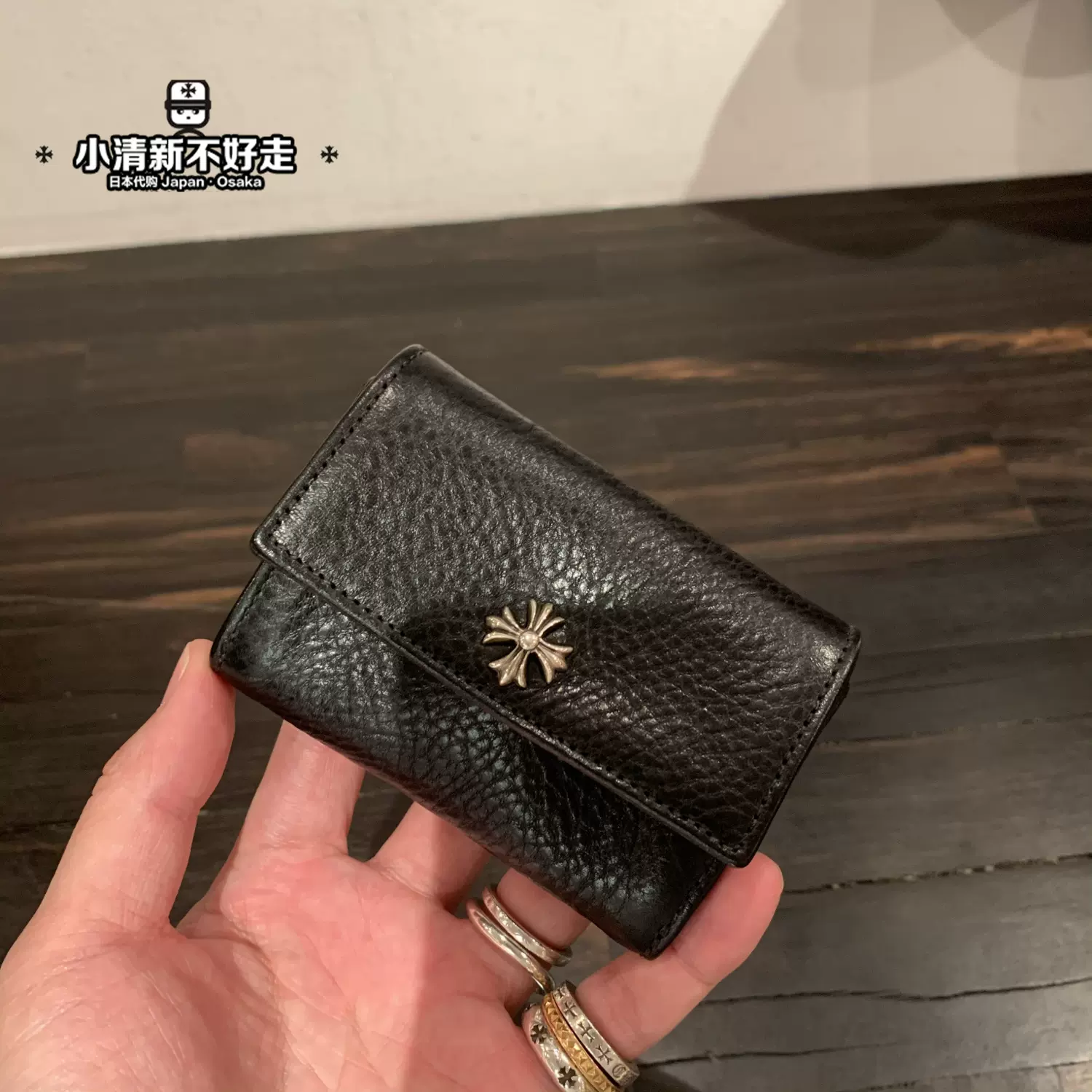 日本代购chrome hearts 克罗心银扣十字梵文卷轴翻盖零钱包卡包