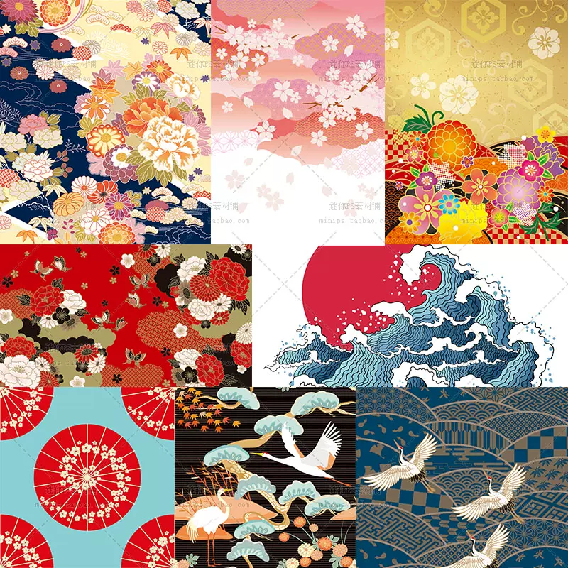 日本和風仙鶴鬆樹鯉魚波紋傳統花日式背景圖案印花矢量ai