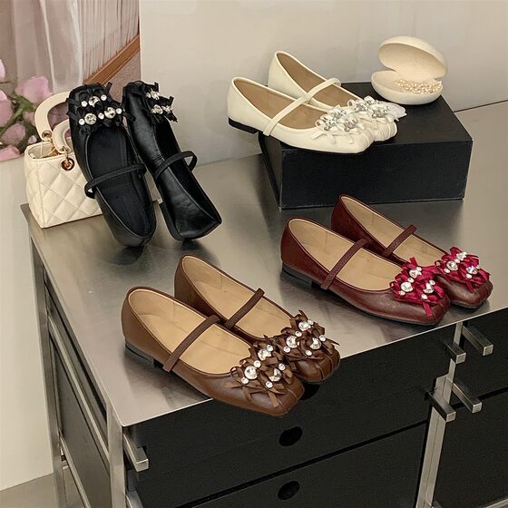 
Bow rhinestone Mary Jane shoes for women, flat buckle, shallow mouth single shoes, beautiful matching skirt, shoes, genuine leather square toe