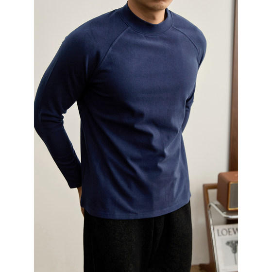 
LUUD German velvet brushed half turtleneck warm T-shirt for men, retro solid color split line raglan sleeves with long sleeves inside