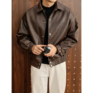 
LUUD autumn and winter American retro lapel leather jacket PU leather texture tough motorcycle style short wide jacket for men