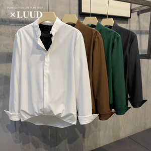 LUUD retro droop free ironing business casual shirt solid color stand collar long sleeve shirt versatile style inch clothes
