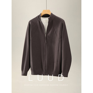 
LUUD autumn and winter warm core-spun yarn men's knitted cardigan split line jacquard pit stripe stand-up collar sweater jacket