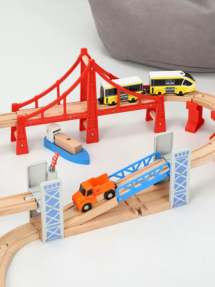 Wooden Train Tracks Railway Toys Set Wooden Double Deck Brid