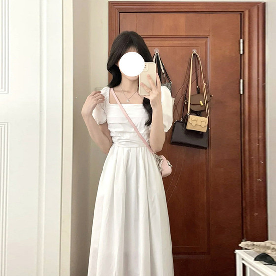 French gentle square collar white dress female summer new small bubble sleeve slender temperament high waist long skirt
