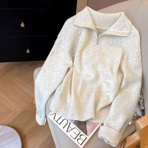 
Little C Home Jacquard Zipper Half Turtleneck Sweater Women's 2025 New Winter Loose Lazy Rabbit Fur Knitted Wool Sweater