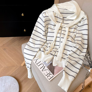 
Little C Home Striped Hooded Sweater Women's 2026 New Spring Fake Two-piece Spliced Shawl Sweater Cardigan Jacket