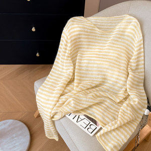 小C家 条纹长袖针织衫女2026新款春薄款宽松卷边羊毛衫马海毛毛衣