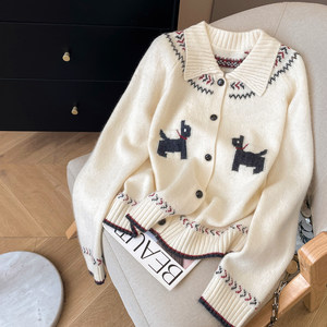 
Little C Home Fair Isle Jacquard Sweater Women's 2025 New Winter Raccoon Velvet Wool Sweater Lapel Knitted Cardigan
